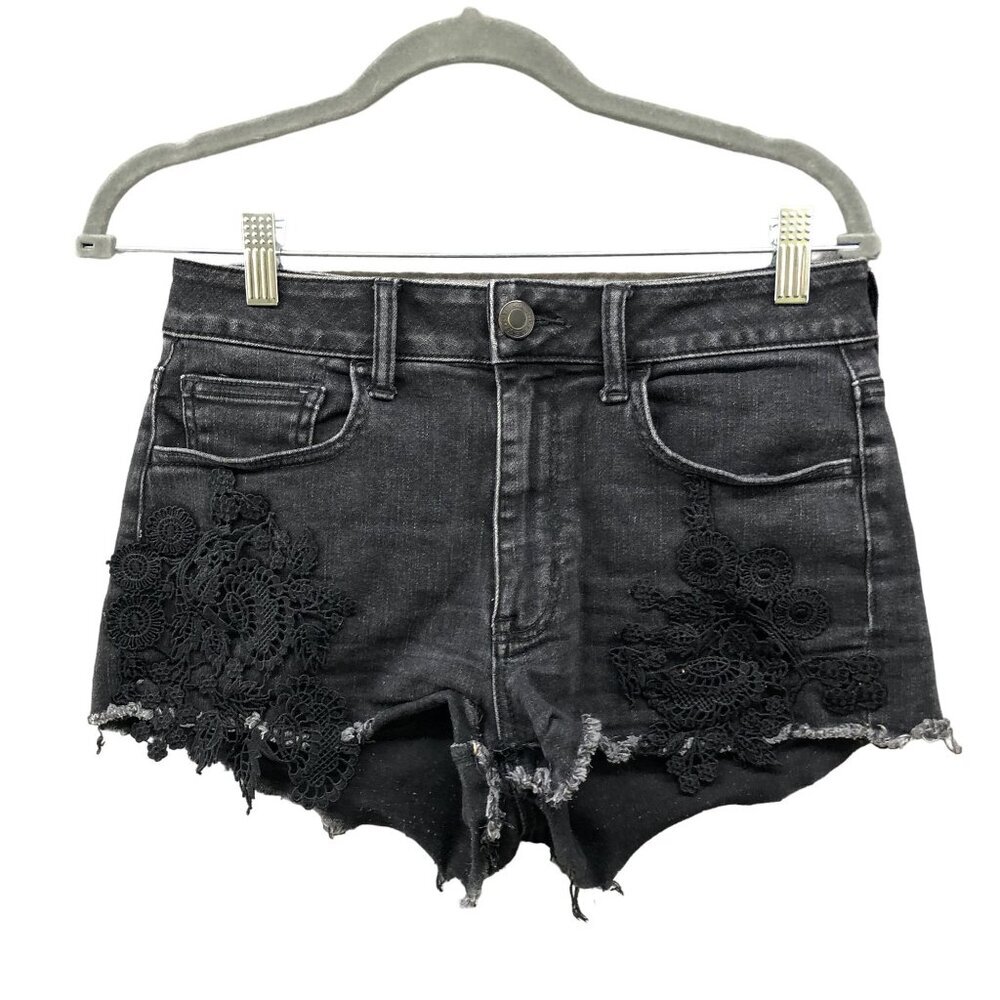 American‎ Eagle Hi Rise Shortie Jean Shorts Womens Size 6 Black Crochet Cut Off